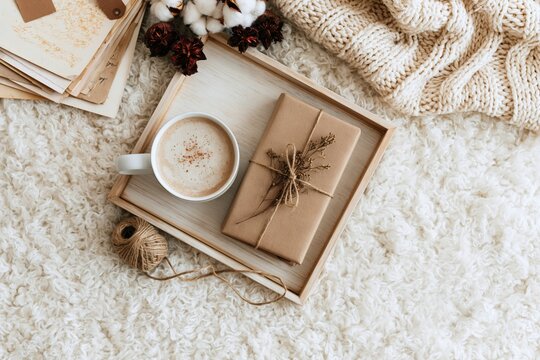 Cozy winter morning flat lay with warm coffee and a gift on a tray with a blanket