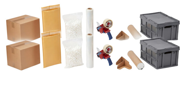 Collection of moving and shipping supplies including cardboard boxes plastic bins tape dispensers and packing materials