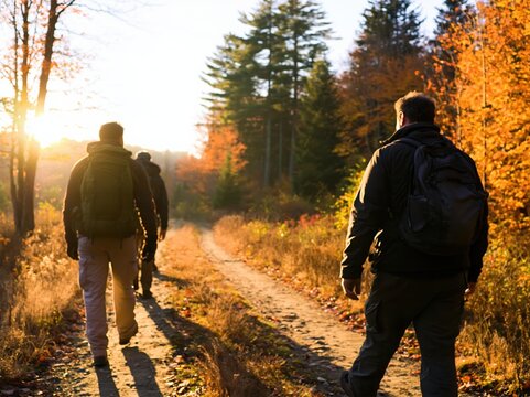 Hiking friends walking along a scenic autumn forest trail during sunset adventure
