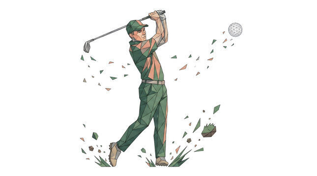 Golfer Swinging Club Low Poly Geometric Line Art Isolated on Transparent Background