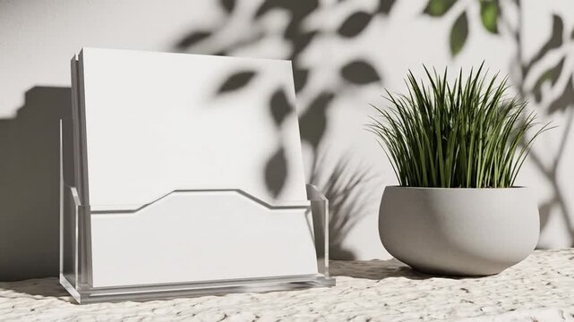 Clean White Brochure Holder with Green Plant and Leaf Shadows