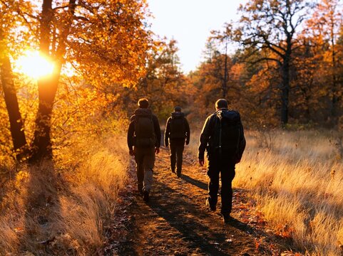 Hiking group of three hikers on a golden autumn forest trail at sunset adventure
