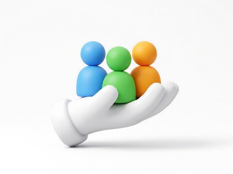 3D render of human hand holding colorful people icons representing teamwork and corporate community