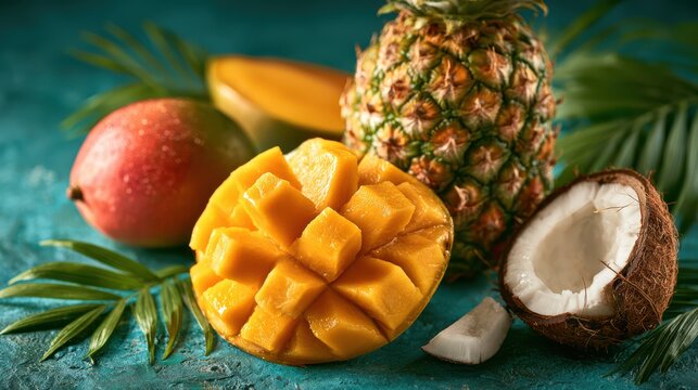 A colorful arrangement of tropical fruits including a diced mango, whole pineapple, coconut halves, and a whole mango on a textured turquoise surface with palm leaves.
