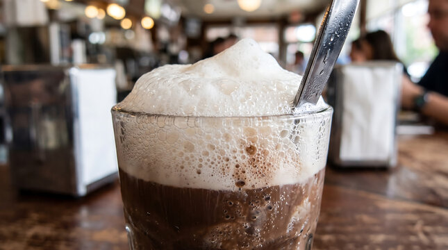 Classic Chocolate Egg Cream with Frothy White Foam Head in Clear Glass Close-Up