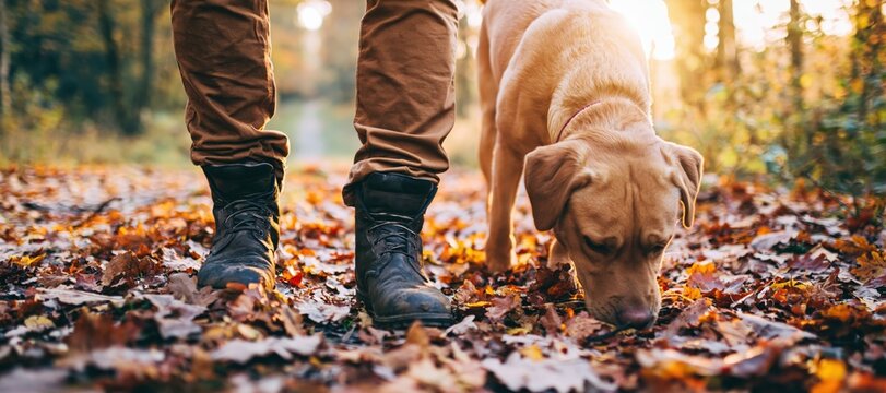 Dog walking with person in boots on an autumn forest path covered in fall leaves
