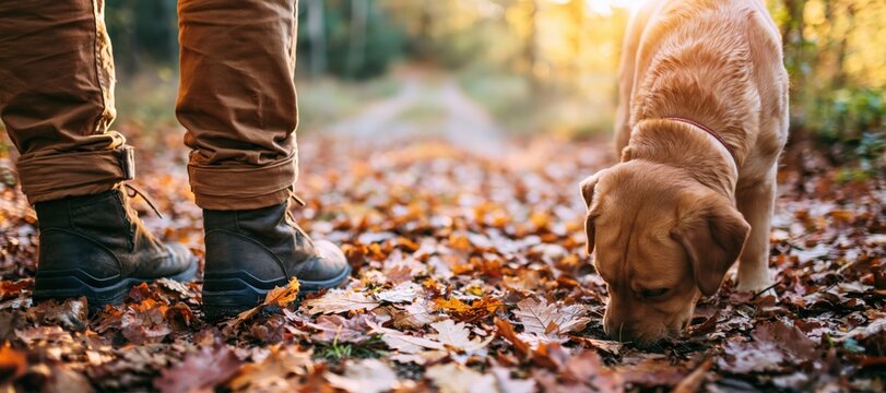Dog and puppy walking with a hiker on a sunny autumn forest path covered in leaves