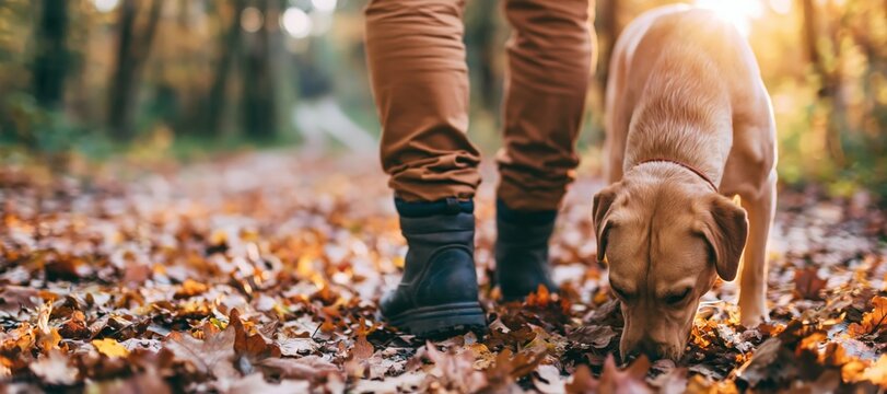 Dog walking with person in hiking boots on autumn forest path with fall leaves