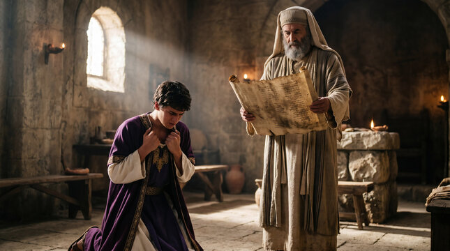 Young King Josiah tearing his robes in grief and repentance after the long-lost Book of the Law is discovered in the temple