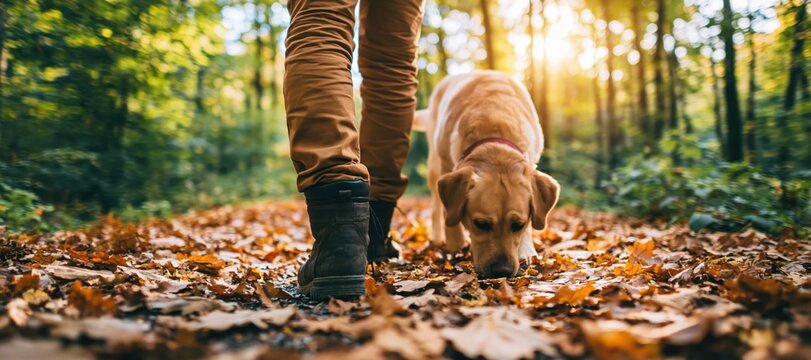 Dog and golden retriever walking on a forest path covered in autumn fall leaves
