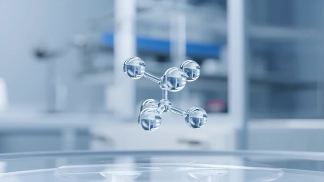 Abstract molecular model floating in a modern clean laboratory background, biotechnology and chemical research concept