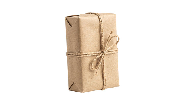 Rustic brown paper gift box with twine bow, eco-friendly parcel wrapped in kraft paper, minimalist sustainable packaging for shipping and delivery isolated PNG with Transparent Background