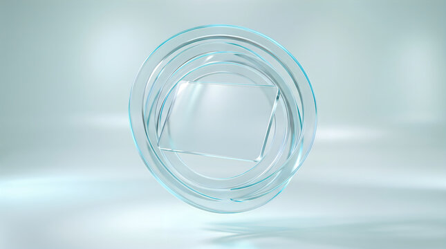 Abstract glass sculpture with concentric circles and central during soft studio lighting representing innovation