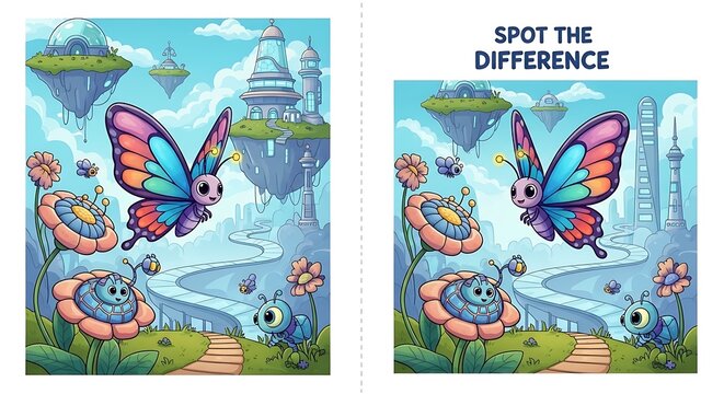 Spot the difference puzzle game for children with fantasy insects