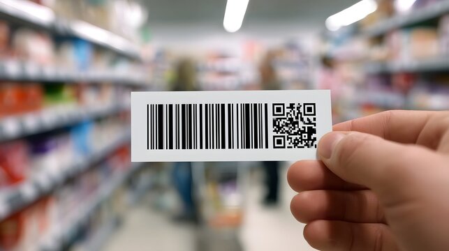 A hand holds a barcode and QR code label against blurred store shelves for product scanning or inventory management