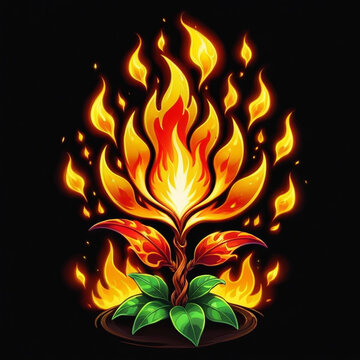 A fiery plant bursts into flames, its leaves ablaze against a stark black backdrop.  This mystical illustration is perfect for fantasy designs.