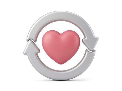 Pink heart icon inside silver circular refresh arrows with rotation metallic recovery recurrent