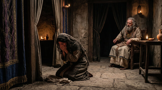 Hannah praying silently in the tabernacle with moving lips and no sound, while Eli the priest watches her suspiciously