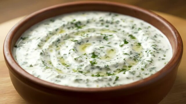 Close-up of traditional creamy herbal yogurt dip, such as Tzatziki or Tarator, garnished with olive oil, served in a rustic brown ceramic bowl.