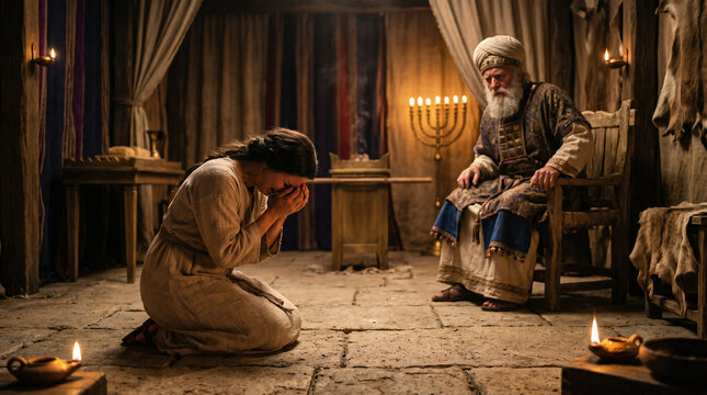Hannah praying silently in the tabernacle with moving lips and no sound, while Eli the priest watches her suspiciously