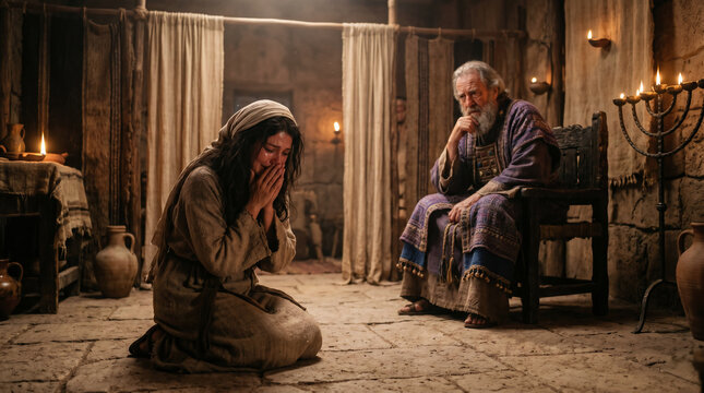 Hannah praying silently in the tabernacle with moving lips and no sound, while Eli the priest watches her suspiciously