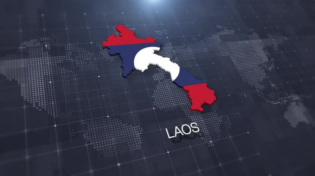 Laos map with national flag on digital world map background, geographic border, global political and international news concept