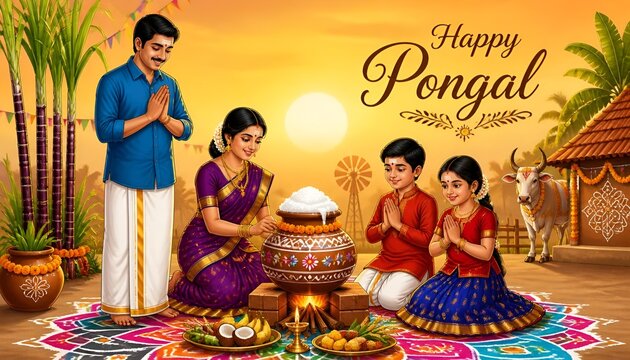 Happy Pongal celebration with sugarcane, Rangoli and pot of rice. Tamil family offering prayers. Indian cultural festival celebration concept illustration vector design