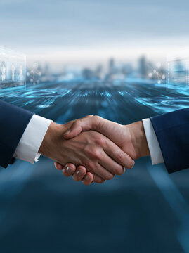 Business handshake with digital interface and futuristic cityscape background, symbolizing successful partnership and advanced technology collaboration in professional setting