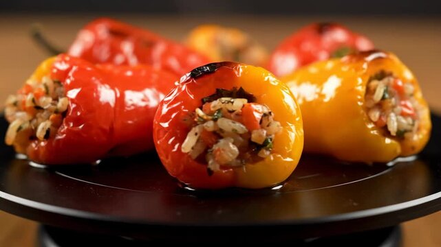 Gourmet Mini Stuffed Bell Peppers with Rice and Vegetable Filling Served on a Black Plate, Highlighting Homemade Mediterranean Cuisine