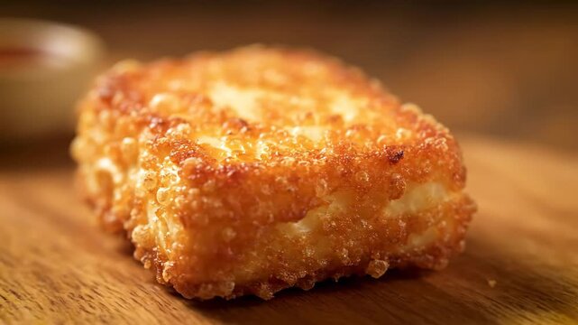 Macro close-up of a golden crispy fried cheese block (such as Halloumi or Paneer) resting on a dark wooden surface, showcasing appetizing texture and rich color detail.