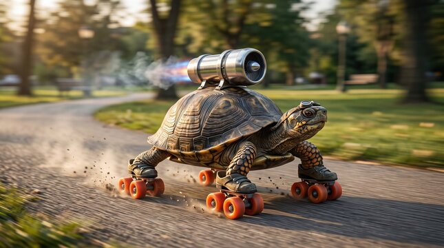 A fast turtle wearing roller skates and a jet engine speed racing down a sunny park path. Business investment boost concept 