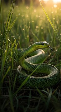 Green snake slithering through dewy grass at sunrise