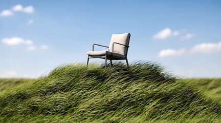 Fototapeta premium Lone armchair sits on a grassy hill under a cloudy sky.