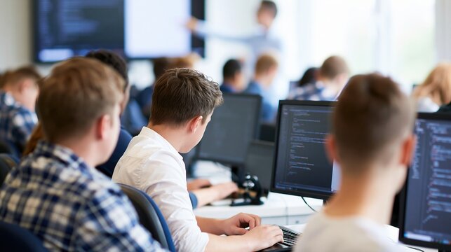 Young students learning computer programming and coding in a modern classroom setting