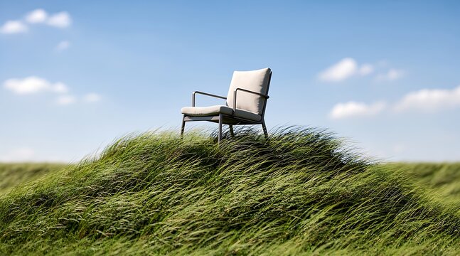 Lone armchair sits on a grassy hill under a cloudy sky.