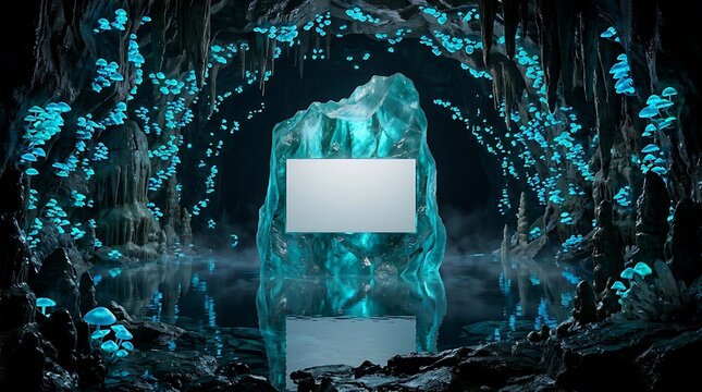 Bioluminescent Mushroom Cave with Crystal Podium and Blank Canvas for Magic Product Display Poster