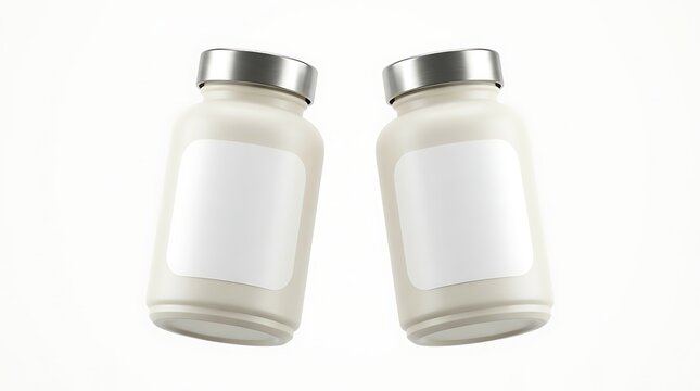 Two blank pill bottles with white labels and silver caps for medicine or health supplements isolated on white background