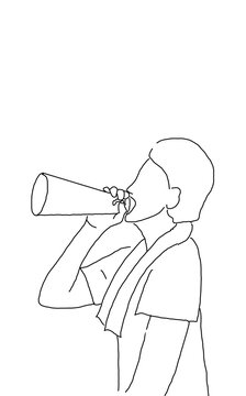 Supporter cheering loudly into a megaphone with a towel.