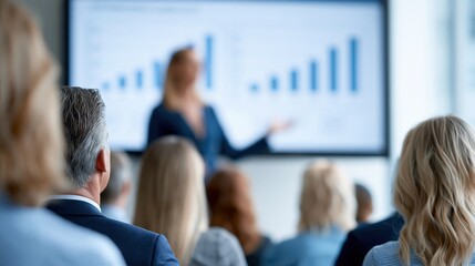 Fototapeta premium Businesswoman presenting financial growth chart to diverse audience during corporate seminar