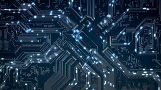 futuristic circuit board observed in a close-up perspective with blue and black components against a clean background, highlighting technological advancement and modern design.