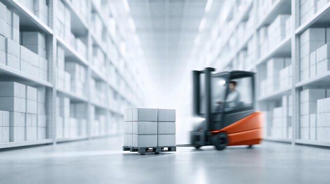 Forklift moving pallet of boxes in a bright, modern warehouse with shelves stretching into the distance