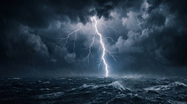 Dramatic Thunderstorm and Lightning Over Ocean Full Frame