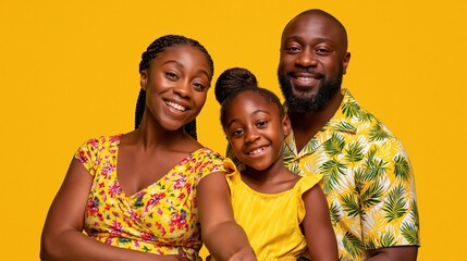 Fototapeta premium Joyful African American Family Posing Together with Bright Smiles on a Vibrant Yellow Background