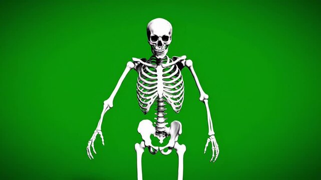 Human skeleton dancing on green screen. Skeleton model isolated on chroma key background. Bone structure anatomy and Halloween party decoration. Spooky bones animation for video editing. Death