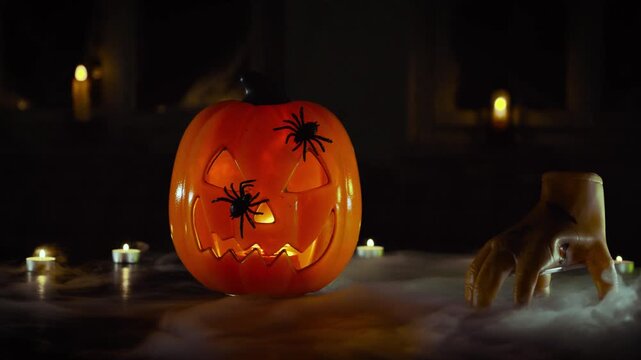 Jackolantern with spiders crawling on its surface sits on a dark surface surrounded by lit candles and a disembodied hand prop shrouded in fog, creating a chilling atmosphere for dark celebrations.
