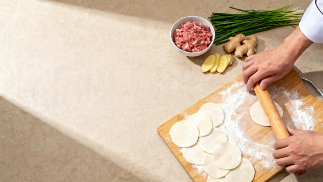 Chef Rolling out Dumpling Wrappers Flatlay Mockup