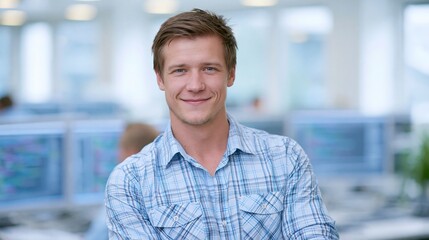 Obraz premium Smiling young man in plaid shirt in a modern office environment with blurred background