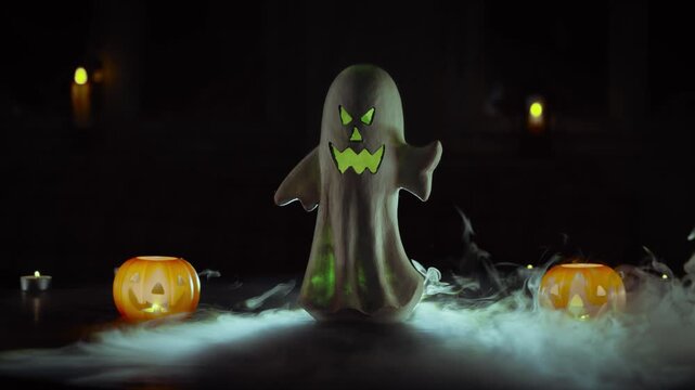 Ghost lamp stands in the center of the dark area surrounded by small pumpkin lights and wisps of smoke while casting an eerie green glow from within its spectral shape on the tabletop for holiday.