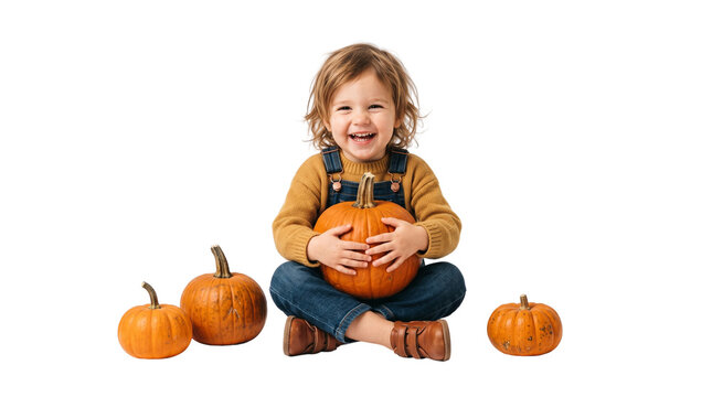 Happy toddler boy holding orange pumpkin on white background, cheerful child in denim overalls with autumn harvest, seasonal fall portrait of smiling kid