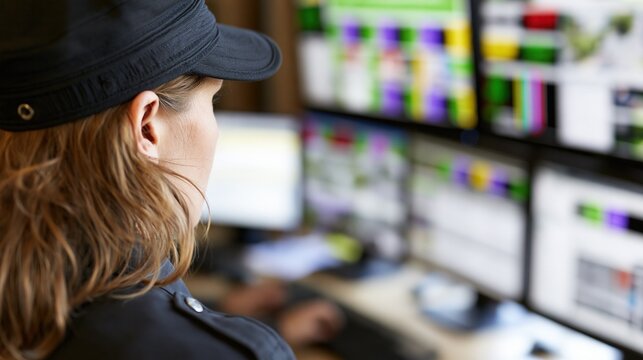 Woman in cap monitors multiple screens displaying broadcast signals and data in a control room